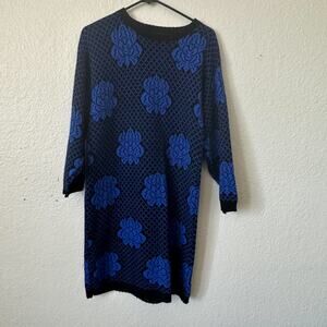 Perrie Ellen Blue Black Floral Sweater Dress Long Sleeve Size Large